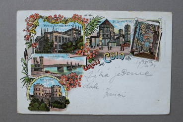 Postcard Litho PC Koeln 1901 Wallraf Richartz Museum Church railway bridge Town architecture NRW